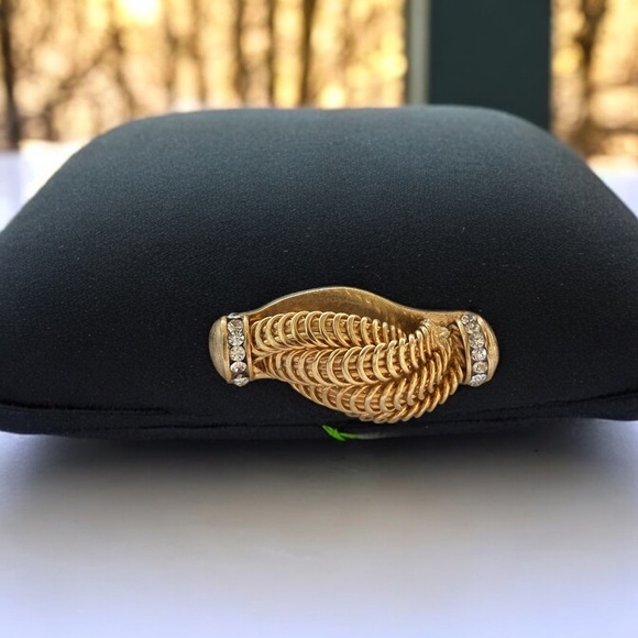 Rodo Black Satin Clutch Evening Bag With Gold Swarovski Crystals Closure, Metal - Picture 1 of 11